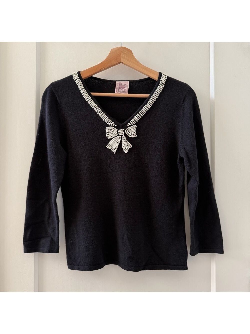 Pink Poodle Woman's Retro Y2K Beaded Pearl Bow V-Neck Black Sweater Top